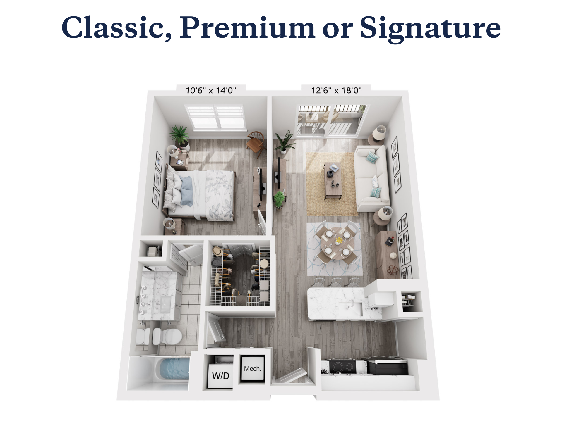 Floor plan for 1 bed, 1 bath, 756 sqft
